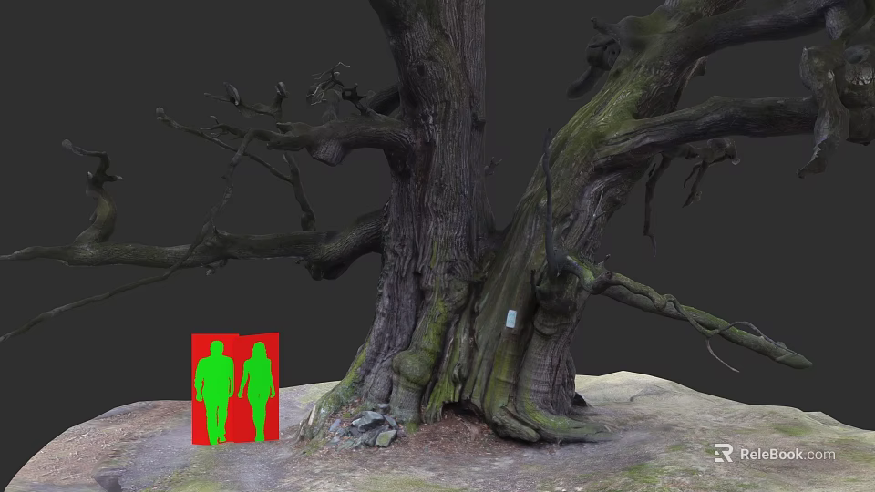 Plant Painting Featuring Ancient Tree Thick Trunk Branches Mossy Roots Green Silhouettes in Red Frame 3d model 