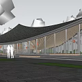 Modern Curved Glass Building Featuring Wooden Structure Trees Pathway People Walking And Bicyclist