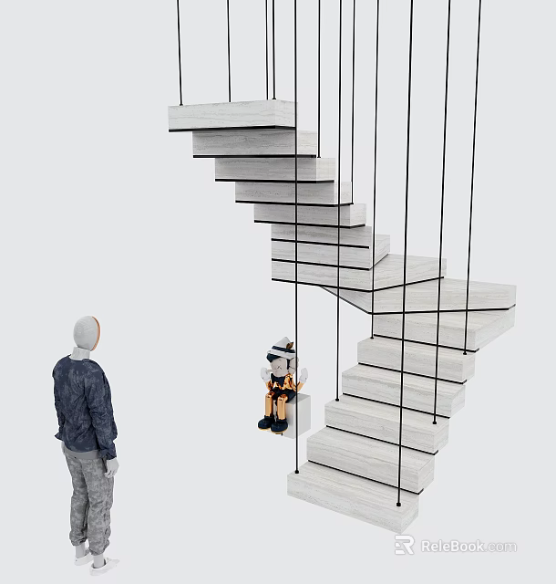 Modern White Staircase Design With Black Support Lines And Human Robot Models 3d model 