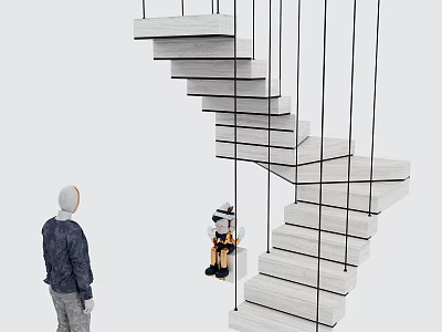 Modern White Staircase Design With Black Support Lines And Human Robot Models 3d model