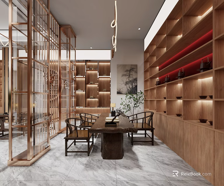 Chinese Traditional Tea Store Interior With Wooden Shelves Tea Sets And Decorative Partitions 3d model 