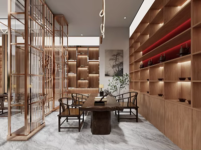 Chinese Traditional Tea Store Interior With Wooden Shelves Tea Sets And Decorative Partitions 3d model