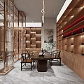 Chinese Traditional Tea Store Interior With Wooden Shelves Tea Sets And Decorative Partitions