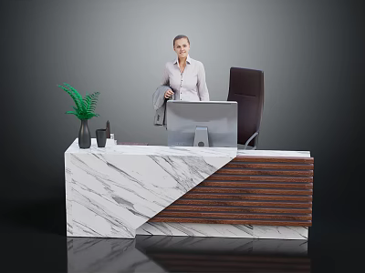 Modern Office Desk With Marble Top Wooden Panel Office Chair Potted Plant And Computer Monitor 3d model