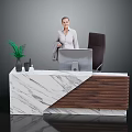 Modern Office Desk With Marble Top Wooden Panel Office Chair Potted Plant And Computer Monitor