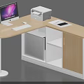 Light Wood Office Desk With Computer Monitor Keyboard Printer Drawers And Storage Cabinet