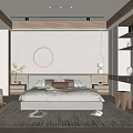 Modern Bedroom Interior With Wooden Ceiling Round Light Upholstered Headboard And Green Plant Rug