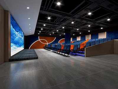 Modern Cinema Interior With Large Screen Blue And Orange Seats And Modern Lighting Design 3d model