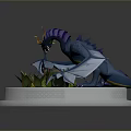 Colorful Dragon Figure with Purple Blue Wings on White Pedestal Green Grass and Wooden Log