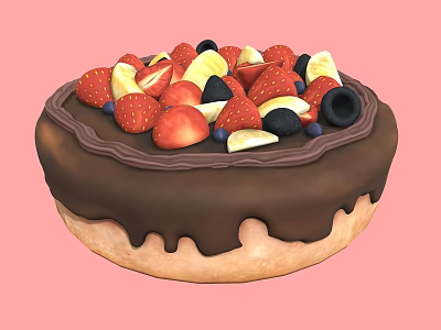 Delicious Chocolate Donut Topped with Fresh Strawberries Banana Slices Blueberries and Blackberries 3d model