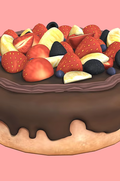 Delicious Chocolate Donut Topped with Fresh Strawberries Banana Slices Blueberries and Blackberries 3d model