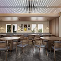 Restaurant Interior With Colorful Rainbow Ceiling Dining Tables Chairs Hanging Lamps And Wall Decorations