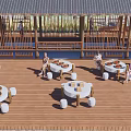 Wooden Post Station Surrounded by Rice Fields With Outdoor Seating And Relaxing People