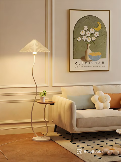 Cozy Modern Floor Lamp In Living Room With Beige Sofa Small Table And Green Plant 3d model 