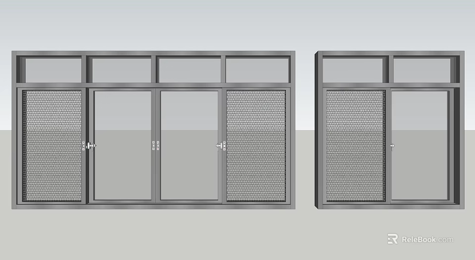 Modern Building Doors And Windows With Transparent And Perforated Panel Design 3d model 
