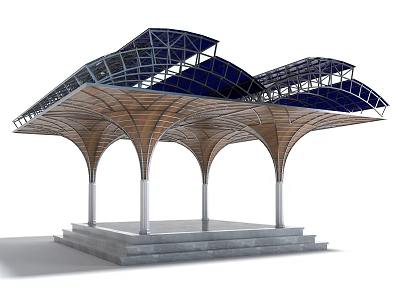 Modern Curved Canopy with Wooden Structure Metal Frame and Supporting Columns for Outdoor Space 3d model