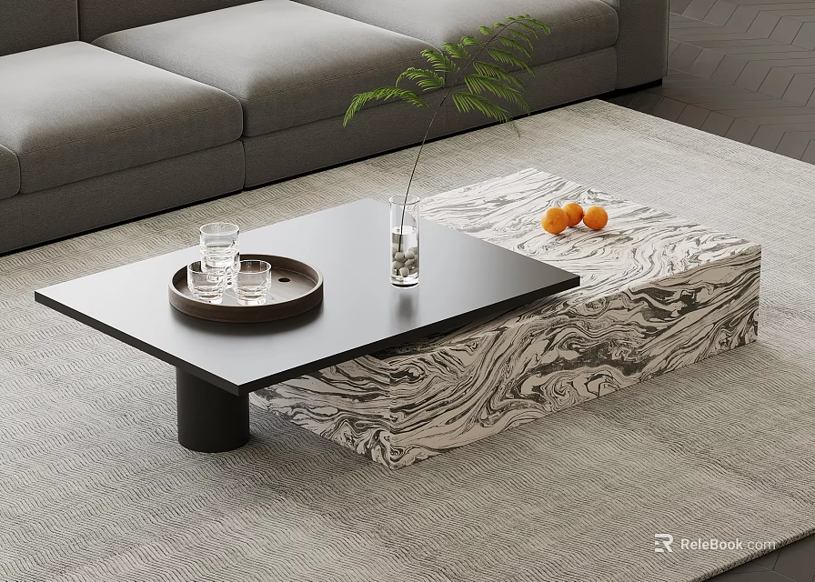 Modern Black Coffee Table with Marble Base Tray Glasses Green Plant and Oranges 3d model 