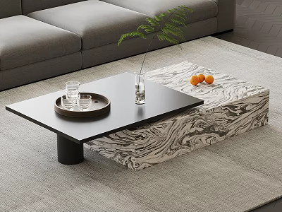 Modern Black Coffee Table with Marble Base Tray Glasses Green Plant and Oranges 3d model