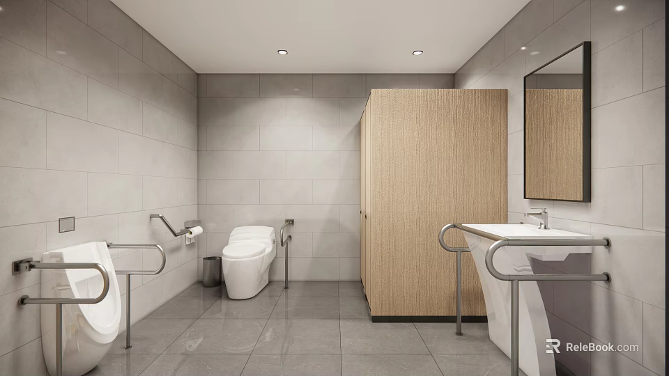 Public Restroom Interior With White Toilet Grab Bars Wooden Stall Gray Tiles Sink And Mirror 3d model 