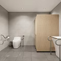 Public Restroom Interior With White Toilet Grab Bars Wooden Stall Gray Tiles Sink And Mirror