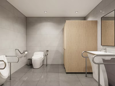 Public Restroom Interior With White Toilet Grab Bars Wooden Stall Gray Tiles Sink And Mirror 3d model