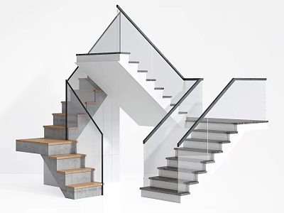 Elegant Modern Staircase Design With Glass Railings Wooden Steps And Concrete Structure 3d model