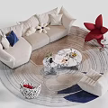 Beige L Shaped Sofa Coffee Table Set With Marble Top Round Rug And Red Star Decor