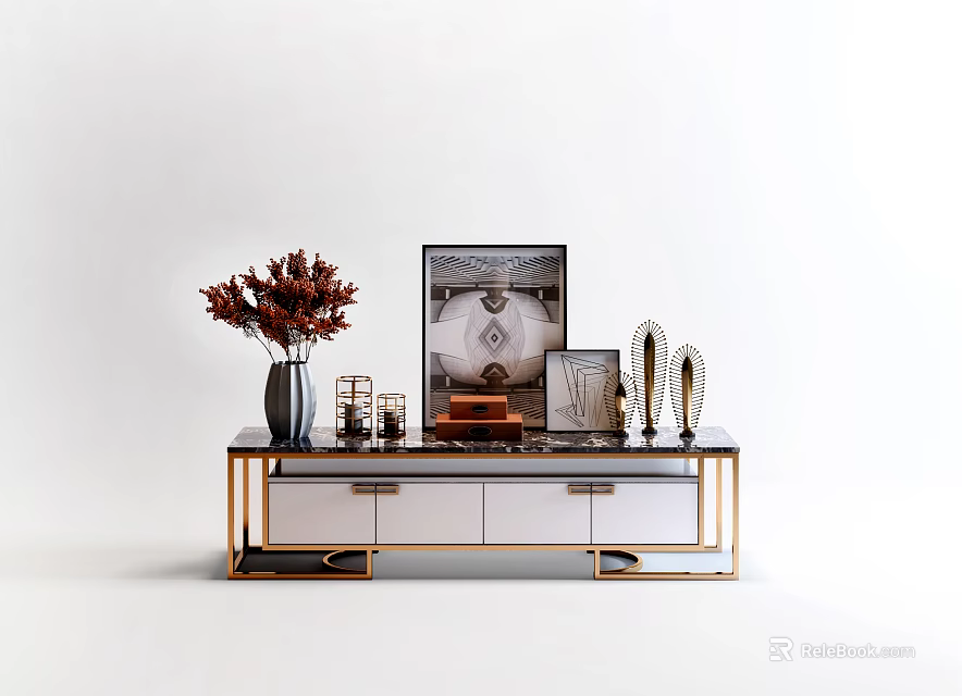 Modern TV Stand With Gold Frame Black Top White Drawers Red Flowers And Decorations 3d model 
