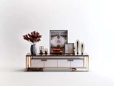 Modern TV Stand With Gold Frame Black Top White Drawers Red Flowers And Decorations 3d model