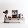 Modern TV Stand With Gold Frame Black Top White Drawers Red Flowers And Decorations