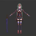 Red Haired Character In Armored Blue White Outfit With Arms Outstretched Holding Long Black Weapon