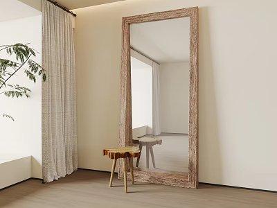 Large Wooden Framed Mirror In Minimalist Room With Stool Curtain And Plant 3d model