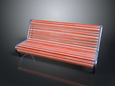 Red Wooden Slat Outdoor Bench with Silver Metal Frame for Garden Seating 3d model