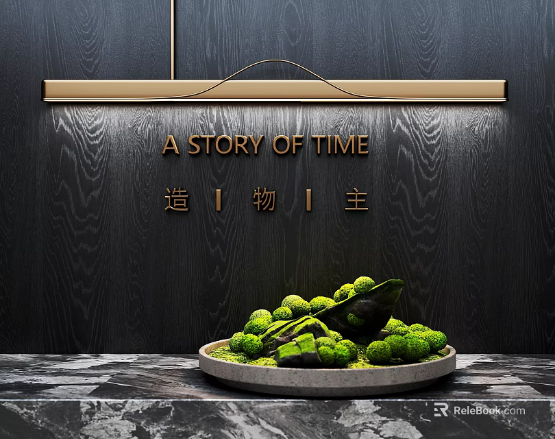 Bonsai Plant with Moss Covered Stones on Marble Countertop and Black Wooden Background 3d model 