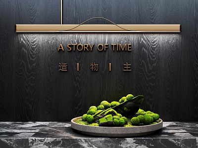 Bonsai Plant with Moss Covered Stones on Marble Countertop and Black Wooden Background 3d model