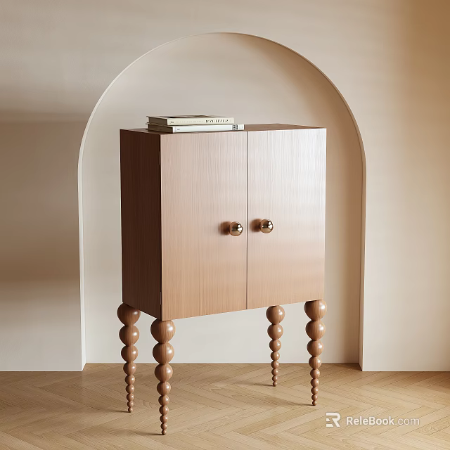 Wooden Entryway Side Cabinet with Brass Knobs Decorative Legs Books on Top in Arch Background 3d model 