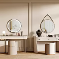 Modern Dressing Tables With Round Oval Mirrors Beige Stools Paneled Walls Wooden Floor