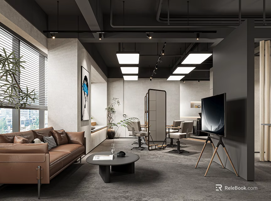 Modern Office Interior Space With Open Layout Sofa TV Green Plants And Workstations 3d model 