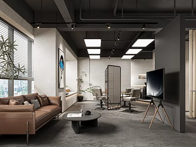 Modern Office Interior Space With Open Layout Sofa TV Green Plants And Workstations 3d model