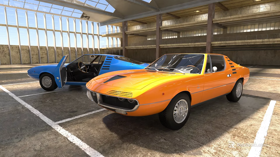 Vintage Orange And Blue Classic Cars In Indoor Garage With Open Doors 3d model 