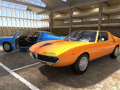Vintage Orange And Blue Classic Cars In Indoor Garage With Open Doors 3d model