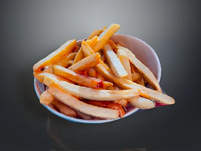 Golden Crispy French Fries Served In White Paper Bowl On Dark Background 3d model