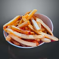 Golden Crispy French Fries Served In White Paper Bowl On Dark Background