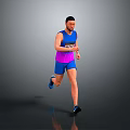 Male Runner in Blue and Pink Sportswear Running on Gray Background