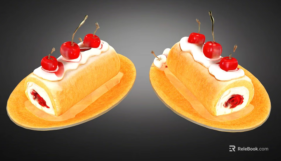 Two Delicious Cherry Cream Rolls Topped With Whipped Cream And Cherries On Yellow Plates 3d model 