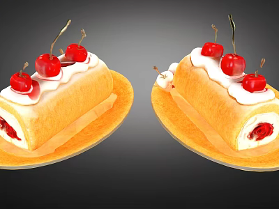Two Delicious Cherry Cream Rolls Topped With Whipped Cream And Cherries On Yellow Plates 3d model