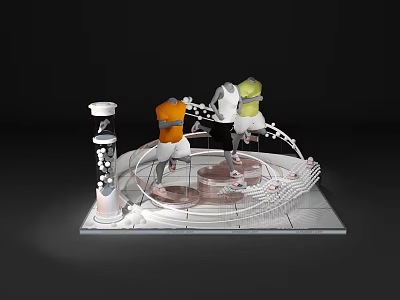 Modern Art Installation With Orange Green Figures And White Circular Line Structures 3d model