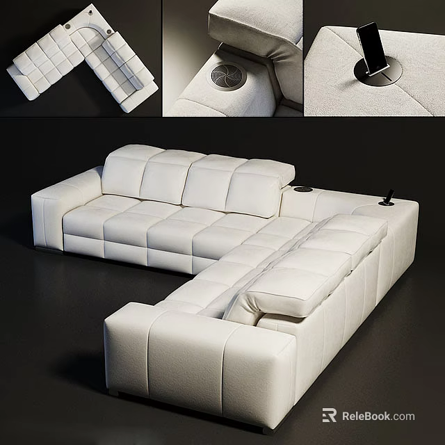 White Modern Sectional Sofa With Modular Design And Metal Cup Holders 3d model