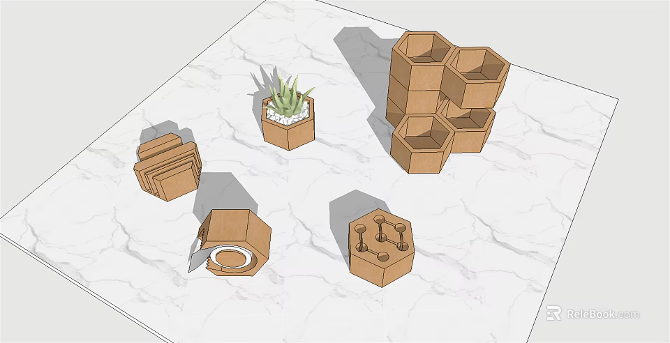 Bonsai Potted Plants In Multiple Hexagonal Design Containers On Marble Surface 3d model 
