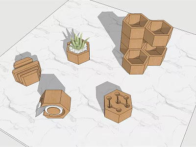 Bonsai Potted Plants In Multiple Hexagonal Design Containers On Marble Surface 3d model